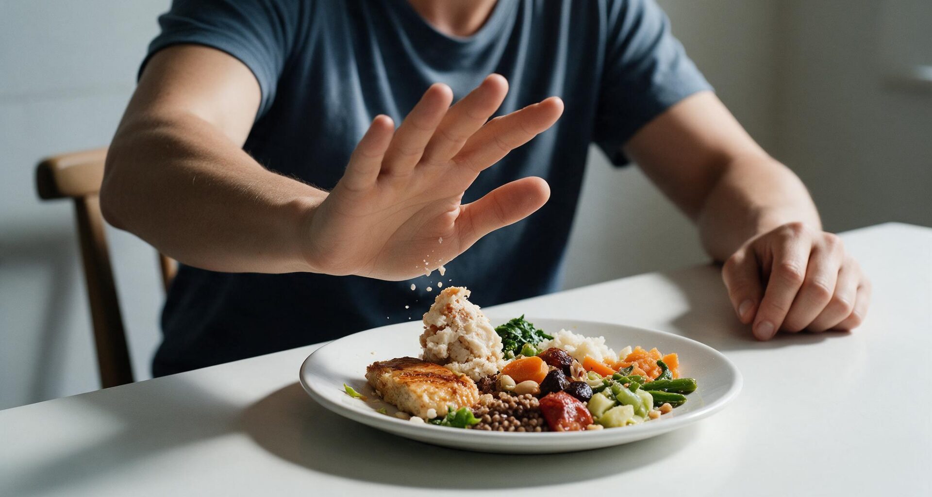 A child looking at a plate of plain food while a parent sits calmly beside them at a kitchen table.