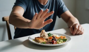 A child looking at a plate of plain food while a parent sits calmly beside them at a kitchen table.